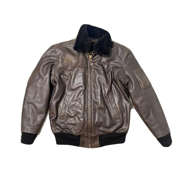 VTG Sporty's Pilot Shop Brown Leather Type B15 Bomber Lined Jacket Large Long